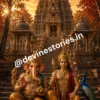 Photorealistic 4K wallpaper of Lord Ganesha and Lord Kartikeya seated on temple stairs with a grand Hindu temple and peacock in the background.