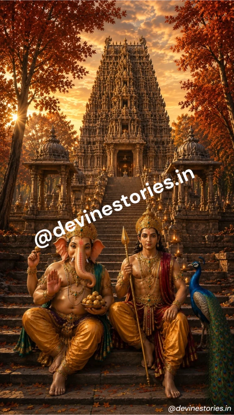 Photorealistic 4K wallpaper of Lord Ganesha and Lord Kartikeya seated on temple stairs with a grand Hindu temple and peacock in the background.