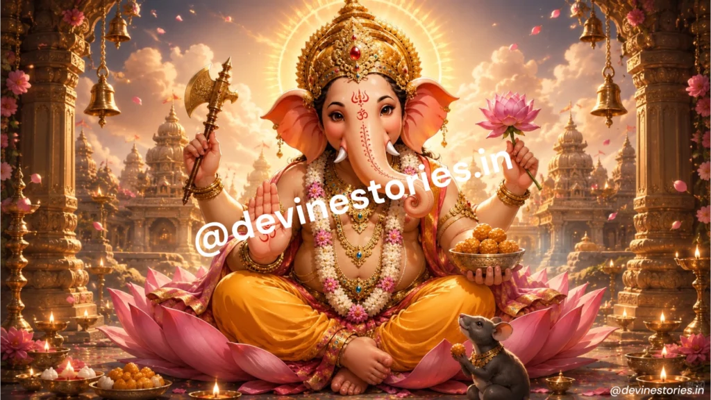 Beautiful divine Lord Ganesha sitting on a lotus flower with golden crown and spiritual temple background in HD quality.