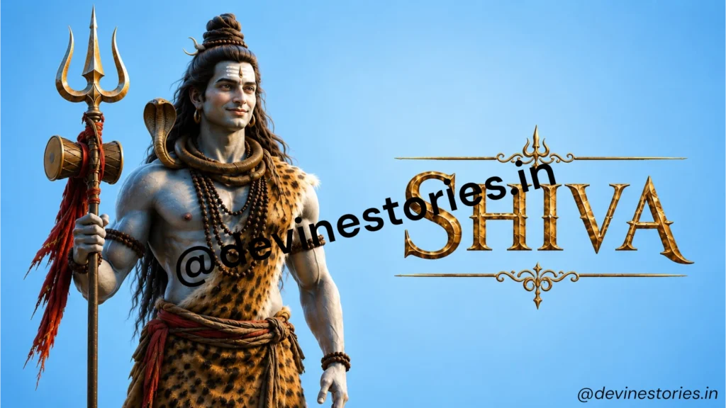 Handsome Lord Shiva standing with Trishul on a blue background with elegant Shiva text in 4K HD wallpaper.