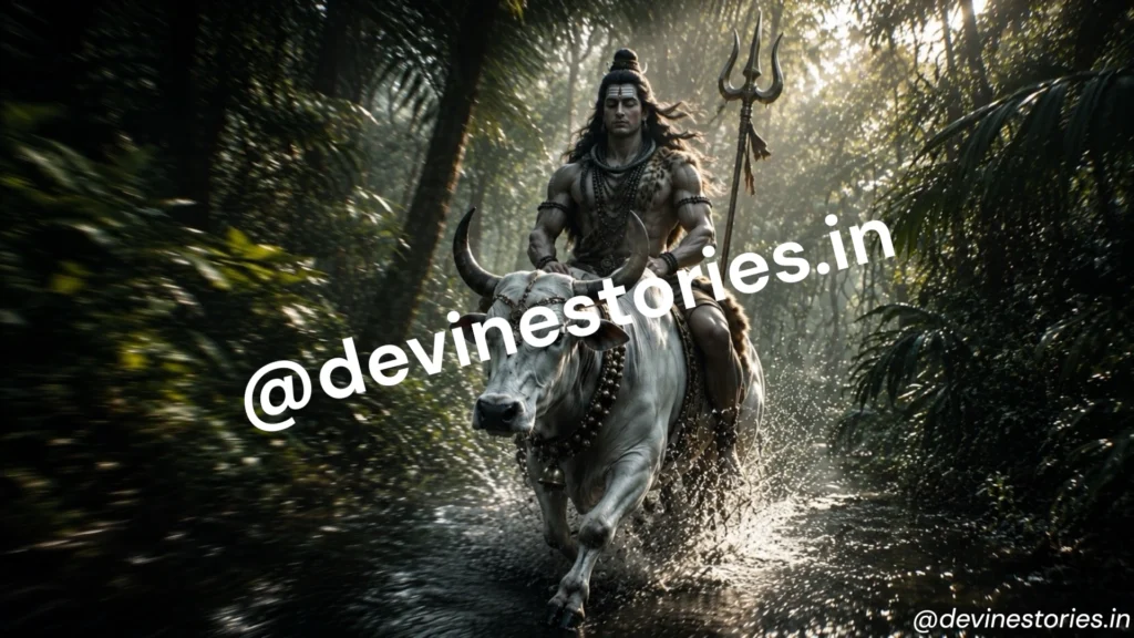 Lord Shiva riding Nandi through a lush forest in a photorealistic 4K HD wallpaper with Trishul and divine lighting.