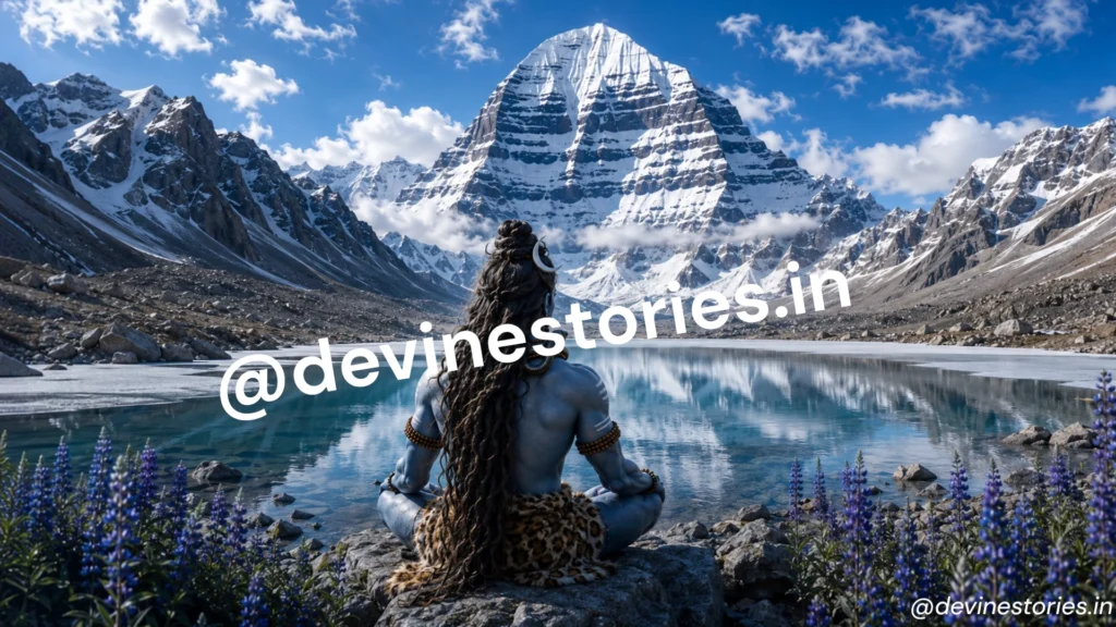 Lord Shiva meditating beside a crystal-clear lake with Mount Kailash in the background in a photorealistic 4K wallpaper.