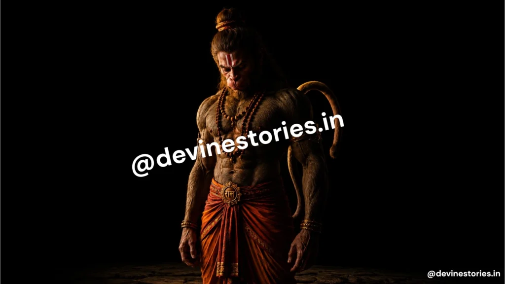 Powerful Lord Hanuman standing in a dark background with sacred tilak and traditional attire in a photorealistic 4K wallpaper.