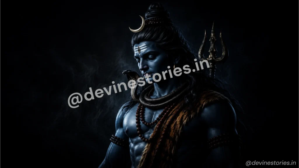 Photorealistic dark aesthetic Lord Shiva wallpaper with Trishul, crescent moon, serpent around the neck, and blue divine appearance in 4K.