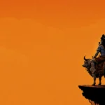 Lord Shiva sitting on Nandi on a mountain cliff during a golden sunset with Trishul, divine 4K wallpaper.