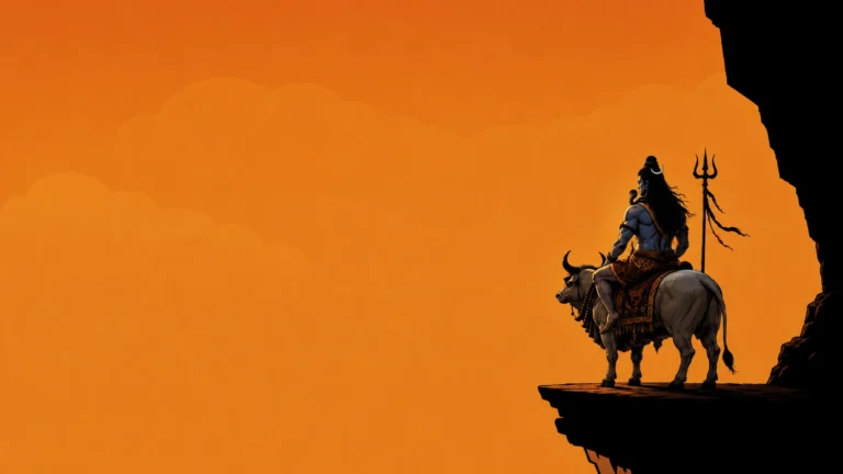 Lord Shiva sitting on Nandi on a mountain cliff during a golden sunset with Trishul, divine 4K wallpaper.