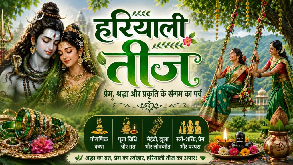 हरियाली तीज 2026 पर भगवान शिव और माता पार्वती की पूजा करती हुई महिलाएं