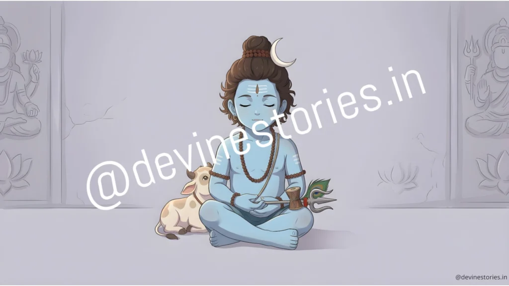 Cute cartoon illustration of baby Lord Shiva meditating cross-legged with blue skin, rudraksha beads, crescent moon in hair, trishul and damaru, sitting beside a small calf on a temple-carved background