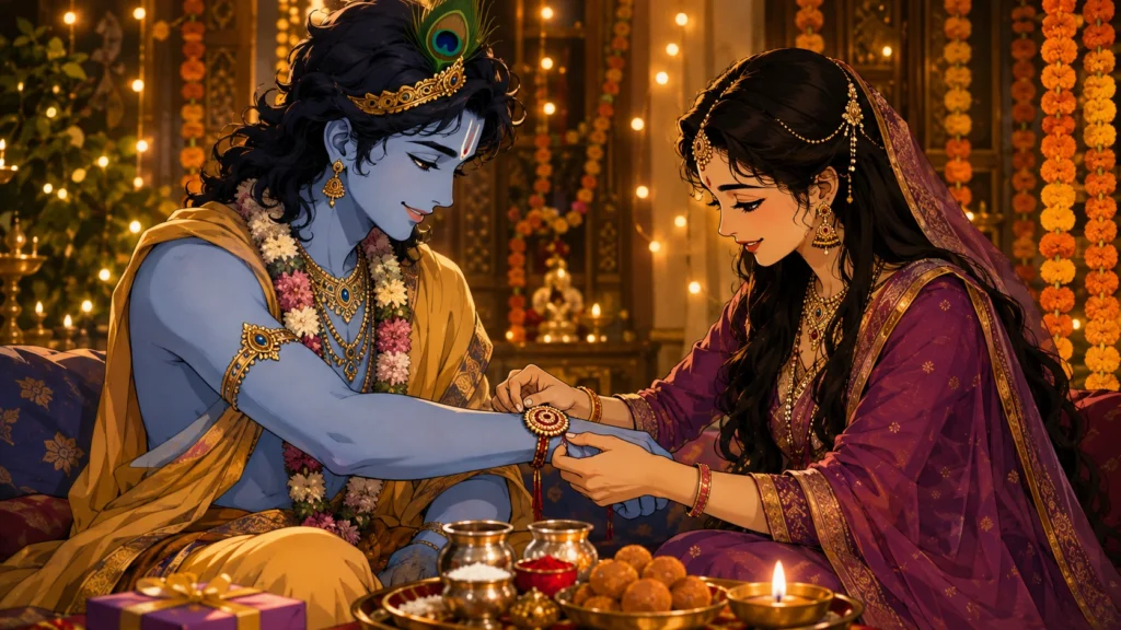 भगवान कृष्ण द्रौपदी से रखी बँधवाते हुए रक्षाबंधन पर
