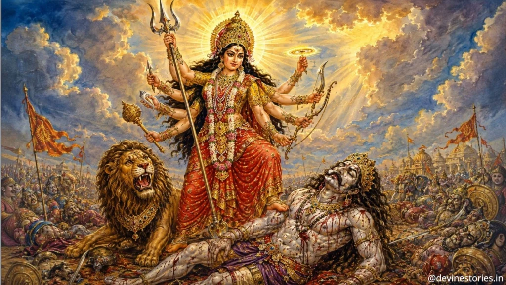 देवी दुर्गा और रक्तबीज के बीच युद्ध का चित्रण