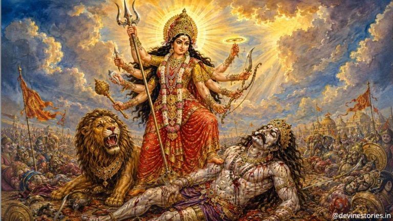 देवी दुर्गा और रक्तबीज के बीच युद्ध का चित्रण