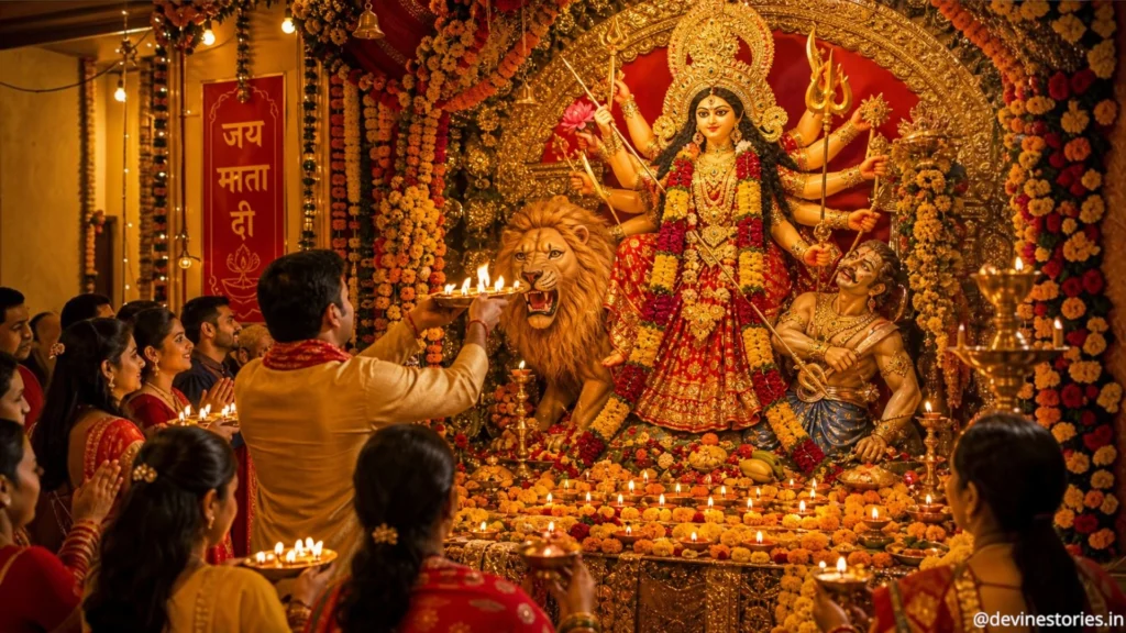 peoples worshipping Devi Durga in pandal during Durga Pooja