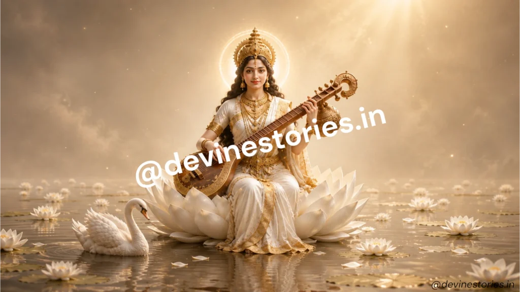 Goddess Saraswati sitting on lotus and playing veena with swan wallpaper
