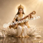 Goddess Saraswati sitting on lotus and playing veena with swan wallpaper