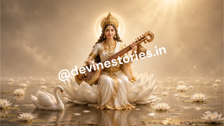 Goddess Saraswati sitting on lotus and playing veena with swan wallpaper