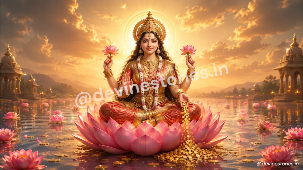 Goddess Lakshmi sitting on pink lotus with gold coins 4K wallpaper
