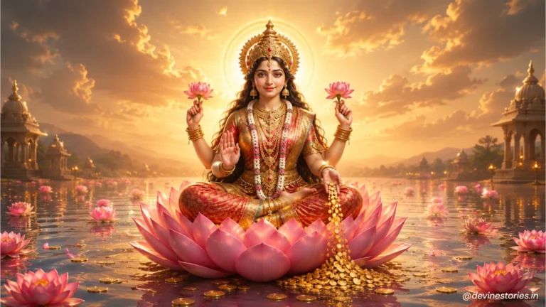 Download Goddess Lakshmi Wallpaper 4K – Maa Lakshmi on Lotus with Gold Coins