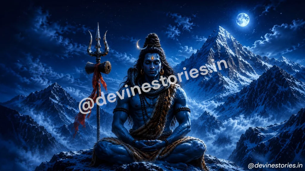 Lord Shiva in deep meditation on a snow-capped Himalayan mountain at night, with trishul, crescent moon, and cobra, blue-skinned deity wallpaper