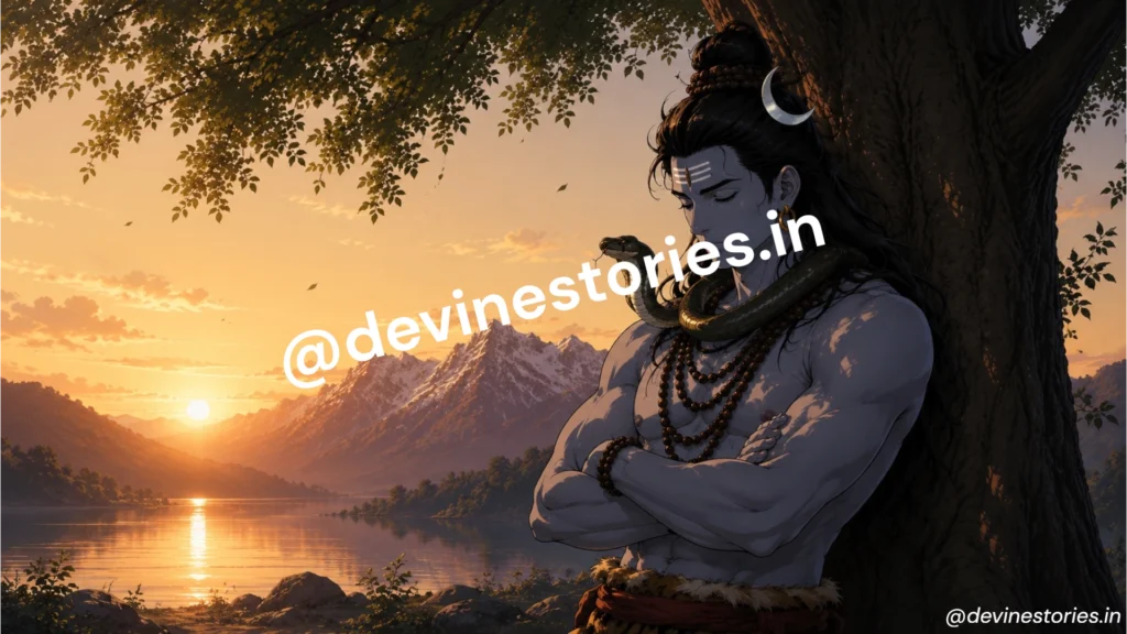 Lord Shiva sitting beneath a tree beside a Himalayan lake at sunset
