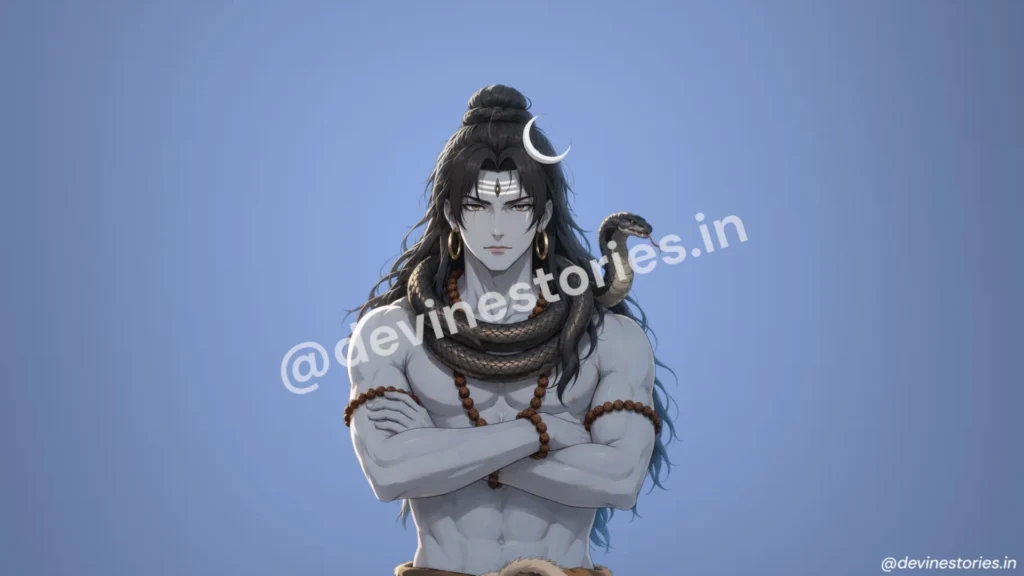 Lord Shiva anime wallpaper with crescent moon, snake and Rudraksha mala