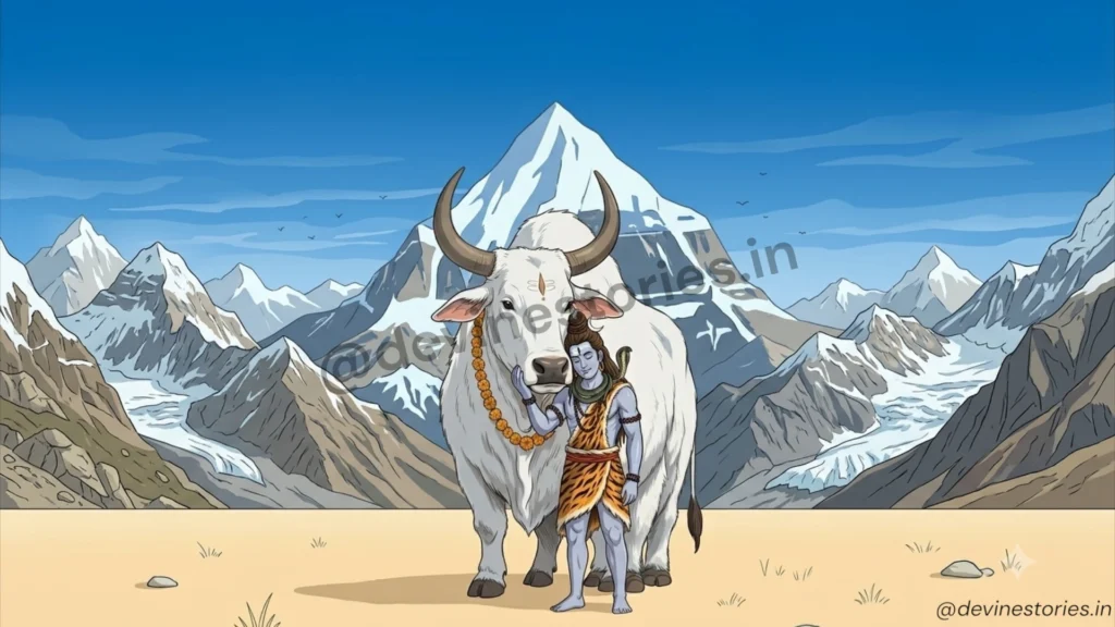 Illustration of Lord Shiva in tiger-print attire standing next to Nandi the white bull, wearing a marigold garland, against a blue sky background