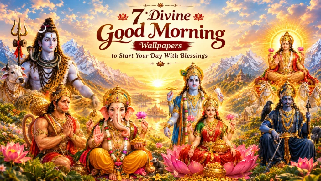 7 Divine Good Morning wallpapers featuring Lord Shiva, Hanuman, Ganesha, Vishnu, Goddess Lakshmi, Shani Dev and Surya Dev with a golden sunrise and Himalayan mountains.