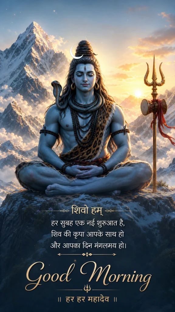 Good Morning graphic of Lord Shiva meditating cross-legged on a mountain peak with a trident and damaru beside him, accompanied by a Hindi blessing message and "Har Har Mahadev.