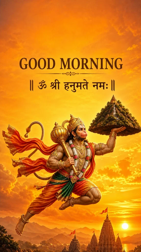Good Morning graphic of Hanuman flying through an orange sunrise sky, carrying a mountain with a temple below, with the mantra "Om Shri Hanumate Namah"