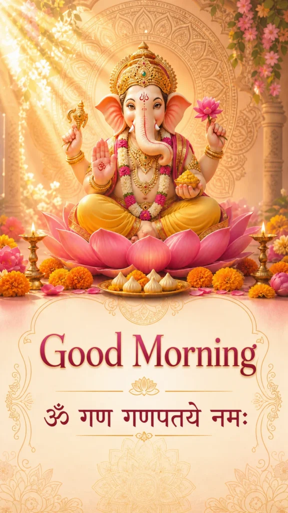 Good Morning graphic of Lord Ganesha seated cross-legged on a pink lotus with marigold flowers, diyas, and modak sweets around him, with the mantra "Om Gan Ganapataye Namah" in Hindi.