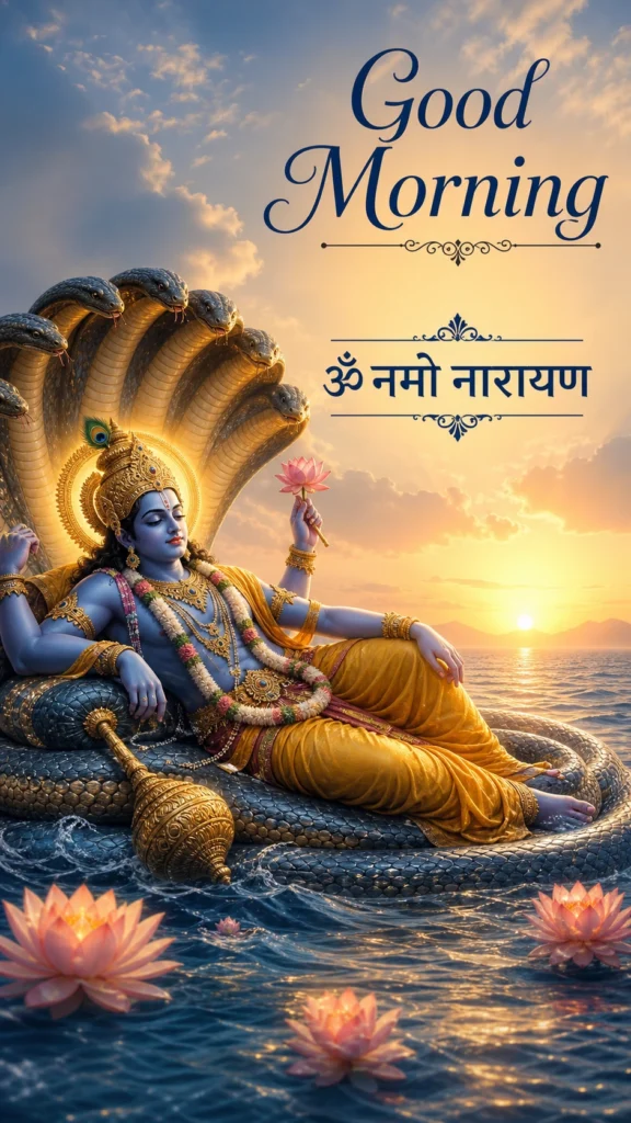 Good Morning graphic of Lord Vishnu resting on the coils of the serpent Shesha Naga over an ocean at sunrise, holding a lotus, with the text "Om Namo Narayana" in Hindi.