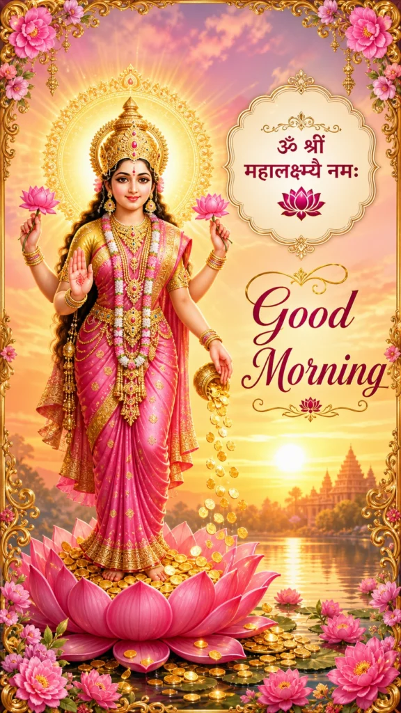Good Morning graphic of Goddess Lakshmi in a pink and gold sari, standing on a lotus with gold coins flowing from her hand, framed by pink flowers, with the mantra "Om Shreem Mahalakshmyai Namah" in Hindi.