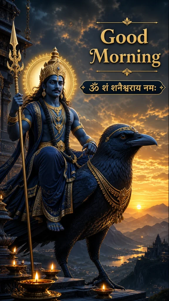 Good Morning graphic of Shani Dev, dressed in dark blue robes and gold jewelry, seated on a giant crow at dusk with mountains and diyas below, with the mantra "Om Sham Shanaishcharaya Namah" in Hindi.