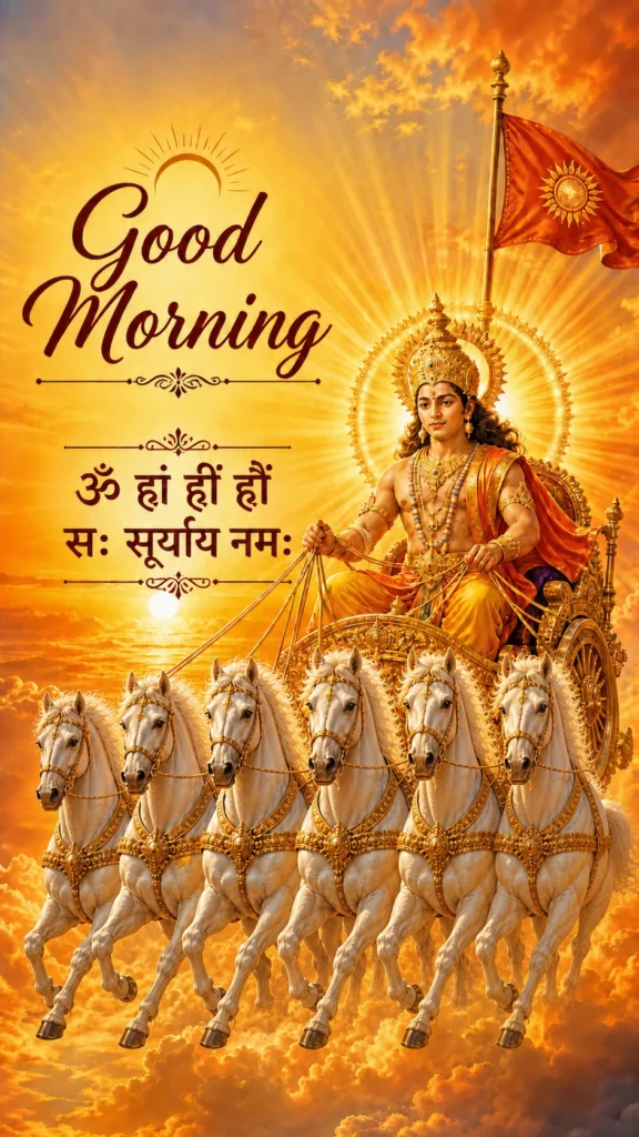 Good Morning graphic of Surya, the Hindu Sun God, riding a golden chariot pulled by seven white horses across a glowing orange sunrise sky, with the mantra "Om Han Heem Houm Sah Suryaya Namah" in Hindi.