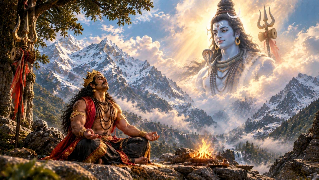 भस्मासुर हिमालय में भगवान शिव की कठोर तपस्या करते हुए, सामने दिव्य रूप में भगवान शिव दिखाई दे रहे हैं