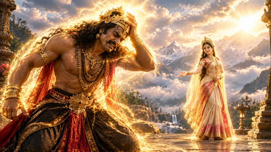 भस्मासुर और मोहिनी का पौराणिक दृश्य, जिसमें मोहिनी नृत्य करती हुई दिखाई दे रही हैं
