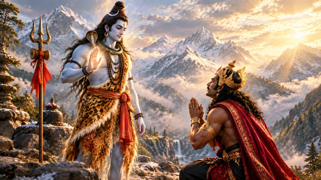 भगवान शिव भस्मासुर को वरदान देते हुए, हिमालय में उनके सामने भस्मासुर हाथ जोड़कर खड़ा है
